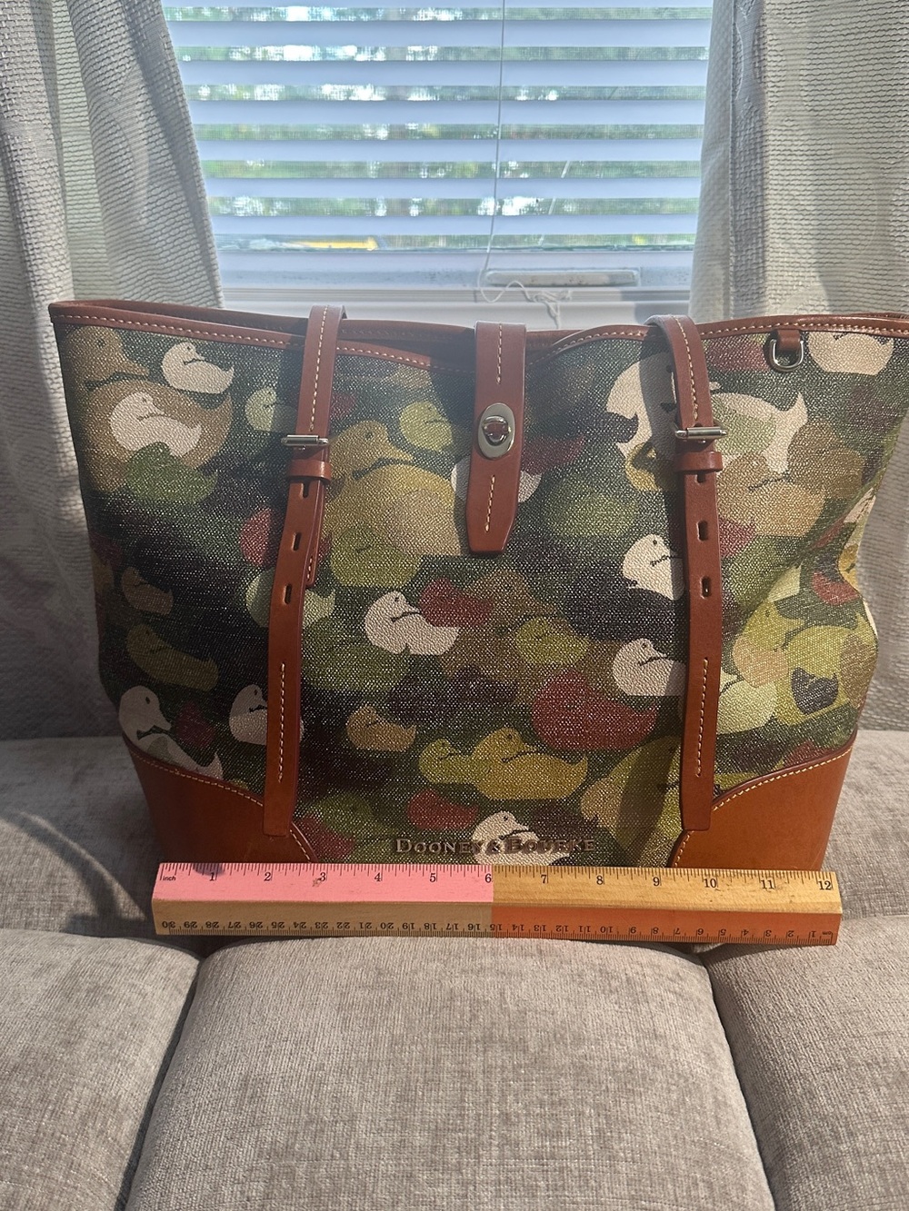 Dooney & Bourke Green and Brown Camo Duck-Print Leather Trim Tote
